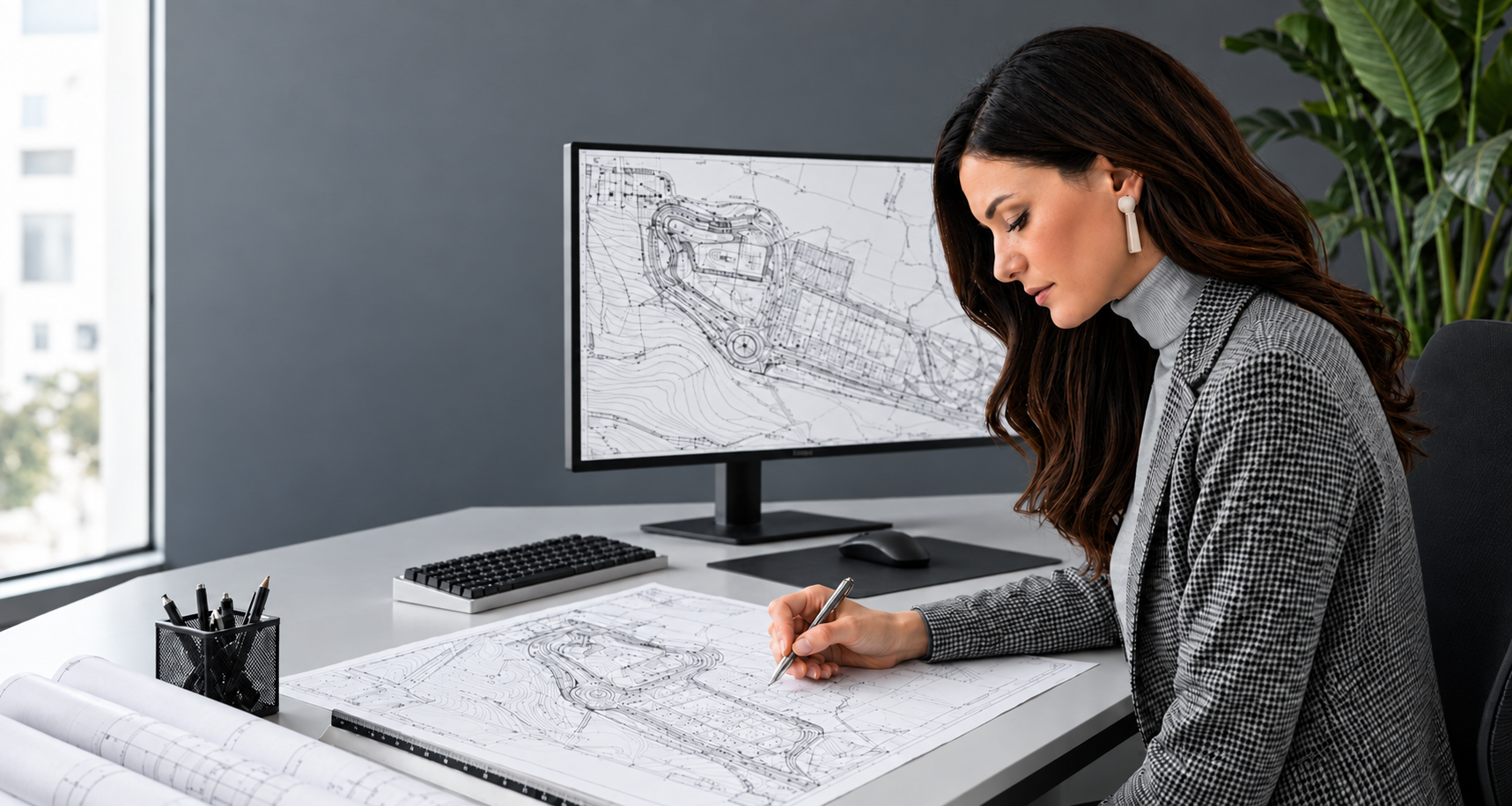 Designer reviewing civil site drawings beside a monitor displaying a grading plan